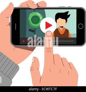 Mains tenant smartphone jouant une leçon vidéo en ligne avec bouton de lecture sur l'illustration à l'écran Illustration de Vecteur