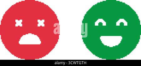 Jeu d'icônes Emoji faces rouges et vertes Pixel Art. Collection de symboles expression émotionnelle et représentation d'humeur. Commentaires positifs et négatifs. Isolé Illustration de Vecteur