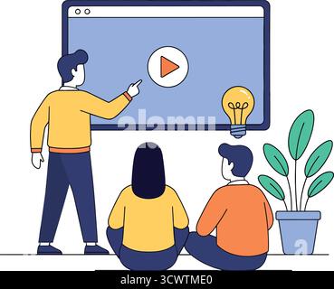 Les personnes regardant la présentation vidéo de l'éducation en ligne apprendre avec le contenu numérique et l'illustration d'idées Illustration de Vecteur
