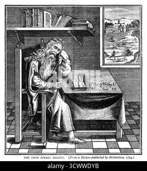 Portrait gravé du XIXe siècle de Henry Welby, le Grub Street Hermit, qui vivait dans la solitude dans l'historique Grub Street de Londres, au XVIe siècle. Il illustre la vie de l'écrivain reclus à partir d'une image publiée en 1794 par William Richardson. En 1592, le demi-frère d’Henry Welby tenta de lui tirer dessus avec un pistolet. Choqué, il prit une maison sur Grub Street et y resta, dans un isolement quasi total, pour le reste de sa vie. Il meurt en 1636 et est enterré à St Giles à Cripplegate. Banque D'Images