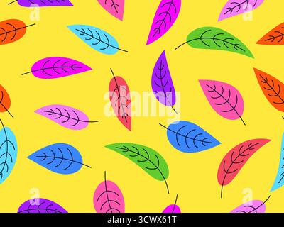 Motif sans couture avec des feuilles dans une palette de couleurs vives. Fond d'automne avec des feuilles dans un style simple. Feuilles tombantes d'automne pour l'impression, les bannières, et Illustration de Vecteur
