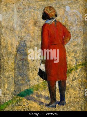 Guy pène du bois (1884-1958) - femme en rouge et noir - panneau d'affichage - représente une femme dans une robe rouge et un chapeau noir, avec un fond texturé et doré. La femme est représentée sous un angle arrière, regardant vers la gauche. L'œuvre reflète l'accent mis par l'artiste sur la représentation de personnages et l'exploration de thèmes de la société américaine contemporaine. Banque D'Images