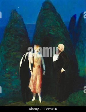 Guy pène du bois - Pouter Pigeon - 1922 - le terme « pigeon pouter », utilisé pour la première fois par Charles Darwin pour décrire une race de pigeon avec une récolte gonflée, a été plus tard adopté par Virginia Woolf pour satirer certaines femmes de la société dans son roman The voyage Out. L'artiste Guy pène du bois a également utilisé le terme pour son tableau Pouter Pigeon de 1922, représentant un homme et deux femmes dans un jardin, caractéristique de son commentaire social sur la société urbaine. Banque D'Images