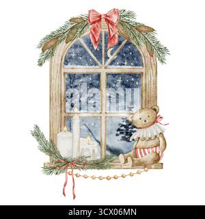 Illustration aquarelle d'une fenêtre de Noël avec ours en peluche, bougies, branches de pin et arc rouge sous un ciel nocturne. Art pour les cartes de voeux de Noël, invitations du nouvel an, affiches avec scène hivernale. Banque D'Images