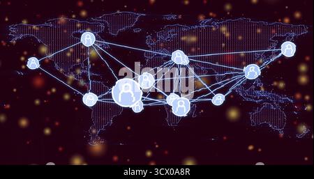 Icône avatar de connexion à travers la carte numérique pointillée avec des lignes bleues néon et bokeh ambre, espace de copie Banque D'Images