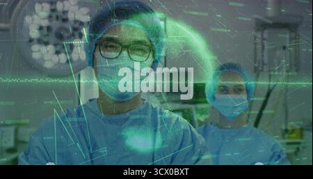 Examen des paramètres vitaux du patient chirurgien avec des lunettes, acquisition des écrans de moniteur et des superpositions de données dans OU Banque D'Images