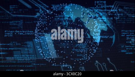 Rendu du globe numérique sur l'interface de maillage dark grid, avec des nœuds de données, des extraits de code Python et Java Banque D'Images