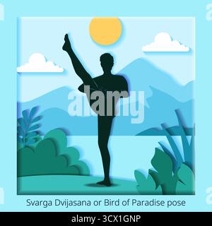 Posture de yoga Svarga Dvijasana. Posture de l'oiseau du Paradis. Conception découpée en papier. Illustration vectorielle isolée. Illustration de Vecteur