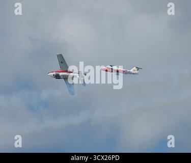 Les Canadian Snowbirds volent en formation au-dessus de la baie de San Francisco pendant la semaine de la flotte de 2025 SF. Banque D'Images