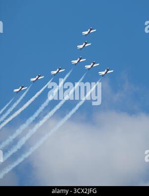 Les Canadian Snowbirds volent en formation au-dessus de la baie de San Francisco pendant la semaine de la flotte de 2025 SF. Banque D'Images