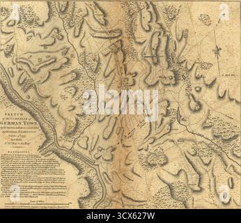 Carte historique représentant la bataille de la guerre d'indépendance, montrant les positions des troupes de Washington lors de l'attaque surprise sur Germantown, Pennsylvanie, automne 1777. Banque D'Images