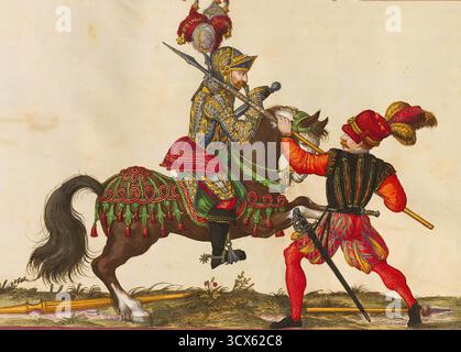 SEATTLE - 15 MAI 2023 - deux chevaliers médiévaux jouent à cheval, vêtus d'armures élaborées et de vêtements colorés, lors d'une compétition de tournoi Banque D'Images