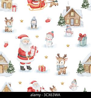 Motif de Noël aquarelle sans couture avec Père Noël, renne, bonhommes de neige, pingouin, ours polaire, maisons, arbres et cadeaux. Conception mignonne de vacances d'hiver sur fond blanc pour les enfants et le décor Banque D'Images