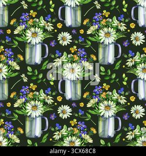 Motif floral sans couture de camomille de fleurs sauvages d'aquarelle et d'herbes de champ sur fond vert. Esquisse dessinée à la main fleurs jaunes de prairie et sauvages Banque D'Images