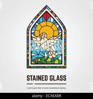 Vitrail coloré. Logo, emblème ou icône avec texte. Soleil avec rayons et colombe blanche. Vecteur de style plat de style de ligne épaisse. Architecture, religio Illustration de Vecteur