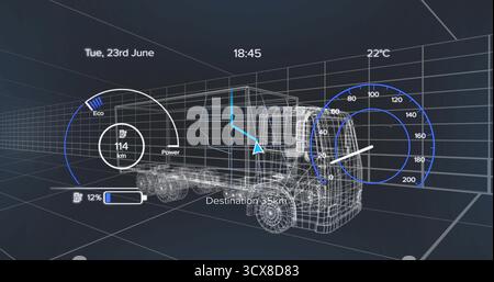 Affichage du semi-camion filaire dans la grille, avec superposition des jauges d'économie d'énergie, de portée et de vitesse Banque D'Images