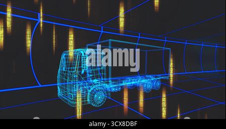 Remorque de semi-camion filaire glissante à travers le couloir de grille bleu néon, montrant des panneaux lumineux dorés Banque D'Images