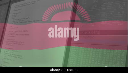Affichage d'un drapeau rayé rouge-vert superposé à l'écran du bureau montrant les fenêtres de code et l'outil de cryptage Banque D'Images
