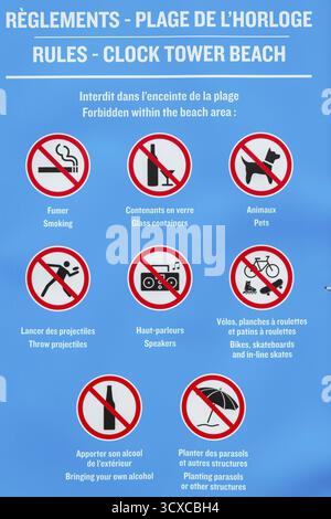 Affiche des règles avec des pictogrammes montrant diverses restrictions à la plage de la Tour de l'horloge, Vieux-Port de Montréal, Québec, Canada Banque D'Images