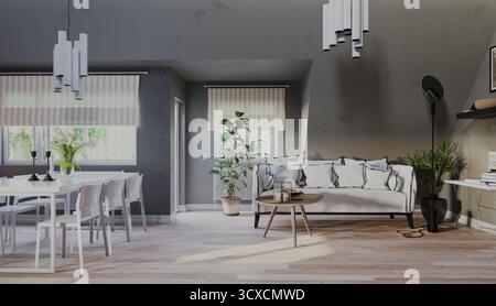 Un salon et une salle à manger décloisonnés modernes avec des murs gris, du parquet et un mobilier contemporain. Banque D'Images