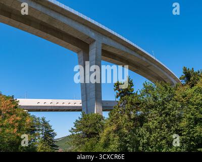 CrNi Kal, Slovénie - 8 août 2025 : passage supérieur d'autoroute en béton avec arbres et ciel bleu. Banque D'Images