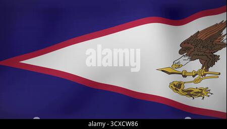 Drapeau stylisé des Samoa américaines agitant en toile de fond, aigle agrippant un club de guerre et un fouet à mouche Banque D'Images