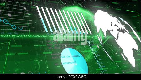 Affichage du tableau de bord holographique flottant sur une grille sombre, avec des graphiques à barres, des graphiques circulaires et une carte du monde Banque D'Images