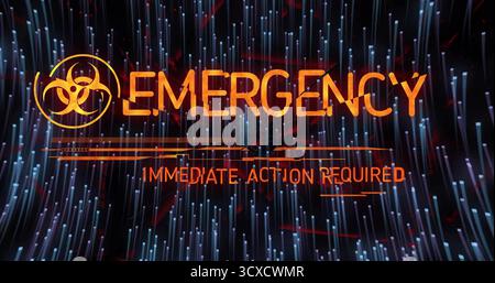 Affichage d'une alerte de danger biologique D'URGENCE à l'écran, action immédiate requise, lignes bleues, fragments rouges Banque D'Images