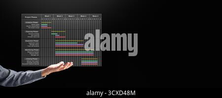 Concept de gestion de projet numérique montrant cinq phases de projet lancement, planification, exécution, surveillance et clôture pour les affaires stratégiques Banque D'Images