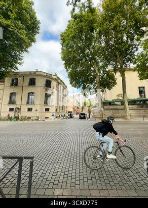 Un cycliste chevauchant une rue pavée bordée d'arbres et de bâtiments historiques à Paris, France, sous un ciel partiellement nuageux. Banque D'Images