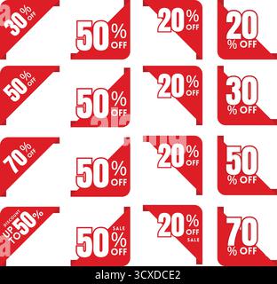 Étiquettes de réduction rouges avec texte blanc, chacune avec des réductions variables en pourcentage, allant de 20% à 70% de réduction. Les tags sont conçus avec un triangle, Illustration de Vecteur