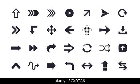Ensemble d'icônes de flèches différentes. Panneaux avec indicateurs de direction droits et courbes, symboles de téléchargement et de redémarrage. Conception pour site Web et application. Plat Illustration de Vecteur