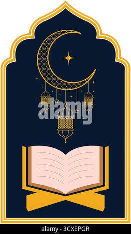 Célébrez le Ramadan et l'Aïd avec cette belle œuvre d'art islamique. Avec un croissant de lune, des lanternes décoratives et un livre sacré ouvert, il incarne le Illustration de Vecteur