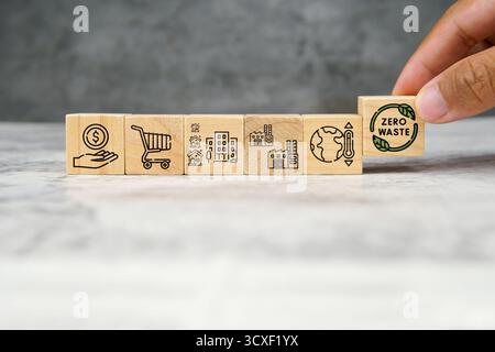 Cubes en bois montrant l'économie, le shopping, la production industrielle, le réchauffement climatique et les icônes zéro déchet. Concept d'économie durable, recyclage. Banque D'Images