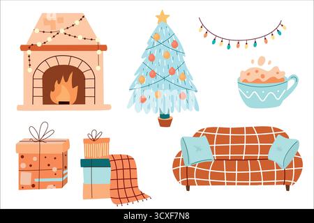 Une scène hivernale confortable avec un arbre de Noël décoré, une cheminée chaude, des cadeaux, une tasse de cacao chaud et un canapé confortable avec une couverture. Illustration de Vecteur