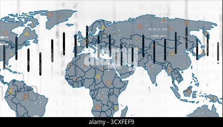 Affichage de la carte du monde montrant les données sur l'interface, les graphiques à barres, les limites, les triangles, les marqueurs orange Banque D'Images