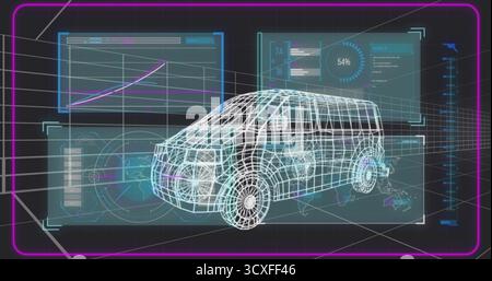 Affichage filaire d'un modèle de van tournant dans une interface holographique, avec jauge, affichages 7A et 1B. Banque D'Images