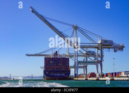 Oakland, États-Unis. 11 octobre 2025. Le port d'Oakland, un port maritime américain situé à Oakland dans la baie de San Francisco, dans l'État américain de Californie. Crédit : Patrick Pleul/dpa/Alamy Live News Banque D'Images