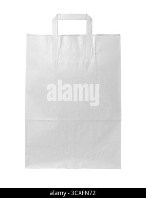 Sac en papier blanc vierge réaliste avec poignée isolée sur fond transparent, idéal pour la marque, l'identité et les projets de design d'entreprise Banque D'Images