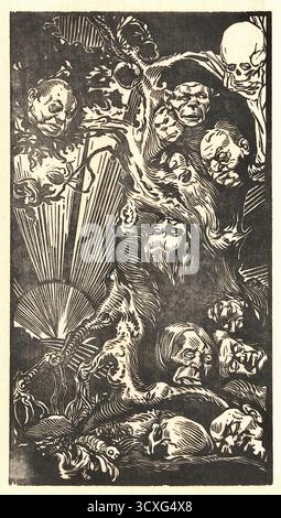 Johannes Josephus Aarts (1871-1934) - arbre aux têtes fantastiques - L'estampe est une pièce surréaliste et visionnaire représentant un arbre d'où émerge une collection de visages humains et de créatures fantastiques. Certaines têtes ont les yeux ouverts, tandis que d'autres non. Dans le coin supérieur droit, un crâne est visible, symbolisant la mort. L'œuvre est le reflet du travail visionnaire d'Aarts et de son accent sur les thèmes apocalyptiques, qu'il a produit principalement entre 1920 et 1930 Banque D'Images