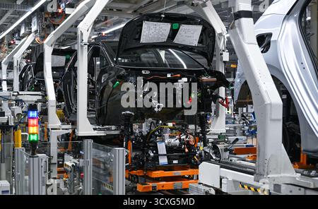 Zwickau, Allemagne. 13 octobre 2025. Les véhicules électriques ID.3 et Cupra Born sont assemblés à l’usine Volkswagen de Zwickau. Jusqu’à présent, six modèles Volkswagen, Audi et Cupra ont quitté la chaîne de production de l’usine de Saxe. L'usine de Zwickau ne fonctionne pas actuellement à pleine capacité. La capacité est de plus de 300 000 véhicules par an ; selon la direction, elle est actuellement un peu plus de 200 000. Crédit : Hendrik Schmidt/dpa/Alamy Live News Banque D'Images