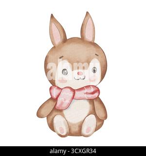 Joli lapin aquarelle brun assis avec une écharpe rouge. Illustration hivernale confortable pour les enfants, isolé sur fond blanc. Parfait pour le décor de pépinière, les affiches et les conceptions de vacances Banque D'Images