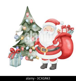 Illustration aquarelle du Père Noël debout avec sac de cadeaux à l'arbre de Noël décoré. Sous l'arbre est cadeau avec arc rouge. Scène magique de vacances. Dessiné à la main, isolé sur fond blanc, Banque D'Images