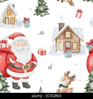 Motif aquarelle sans couture dans un style enfantin mignon. Père Noël, renne en écharpe, sac de cadeaux, maisons en bois confortables et sapin de Noël enneigé. fond blanc, pour le produit d'enfants, conception de vacances Banque D'Images