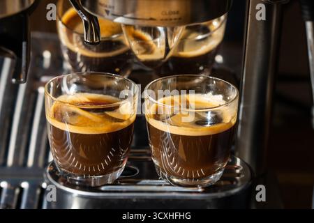 Gros plan de deux verres à espresso remplis d'espresso riche et de crème dorée, posés sur une machine domestique en acier inoxydable pour un moment élégant et aromatique. Banque D'Images