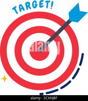 Des cercles concentriques rouges et blancs forment une cible, avec une flèche bleue intégrée dans le logo de la cible. Le mot 'CIBLE !' apparaît au-dessus en lettres bleues stylisées Illustration de Vecteur