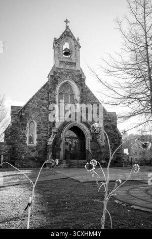 Image en noir et blanc de la chapelle Swedenborg à Cambridge, Massachusetts, avec son architecture gothique en pierre encadrée par des plantes d'hiver séchées Banque D'Images