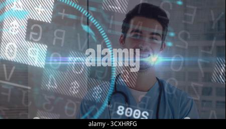 Docteur en gommages bleus avec stéthoscope examinant les données sur l'affichage en verre en clinique, avec des jauges Banque D'Images