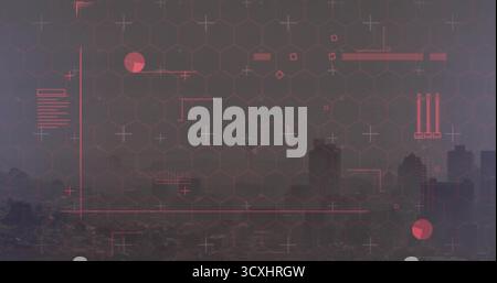 Affichage de la ligne d'horizon urbaine large avec recouvrement HUD numérique au crépuscule, avec grille hexagonale et réticule Banque D'Images