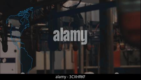 Affichage des tuyaux industriels, vannes, connecteurs et câbles dans l'usine de fabrication, avec superposition de carte Banque D'Images